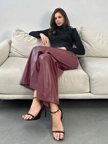 SHEIN Tall 女士酒红色皮质长裤，简约前开襟纽扣设计，日常休闲百搭，女士下装 - 酒紅色 - 查看 6