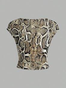 INAWLY Women's Snake Skin Print Sweetheart Neck Cap Sleeve Fitted Sexy T-Shirt - Multicolor - View 2