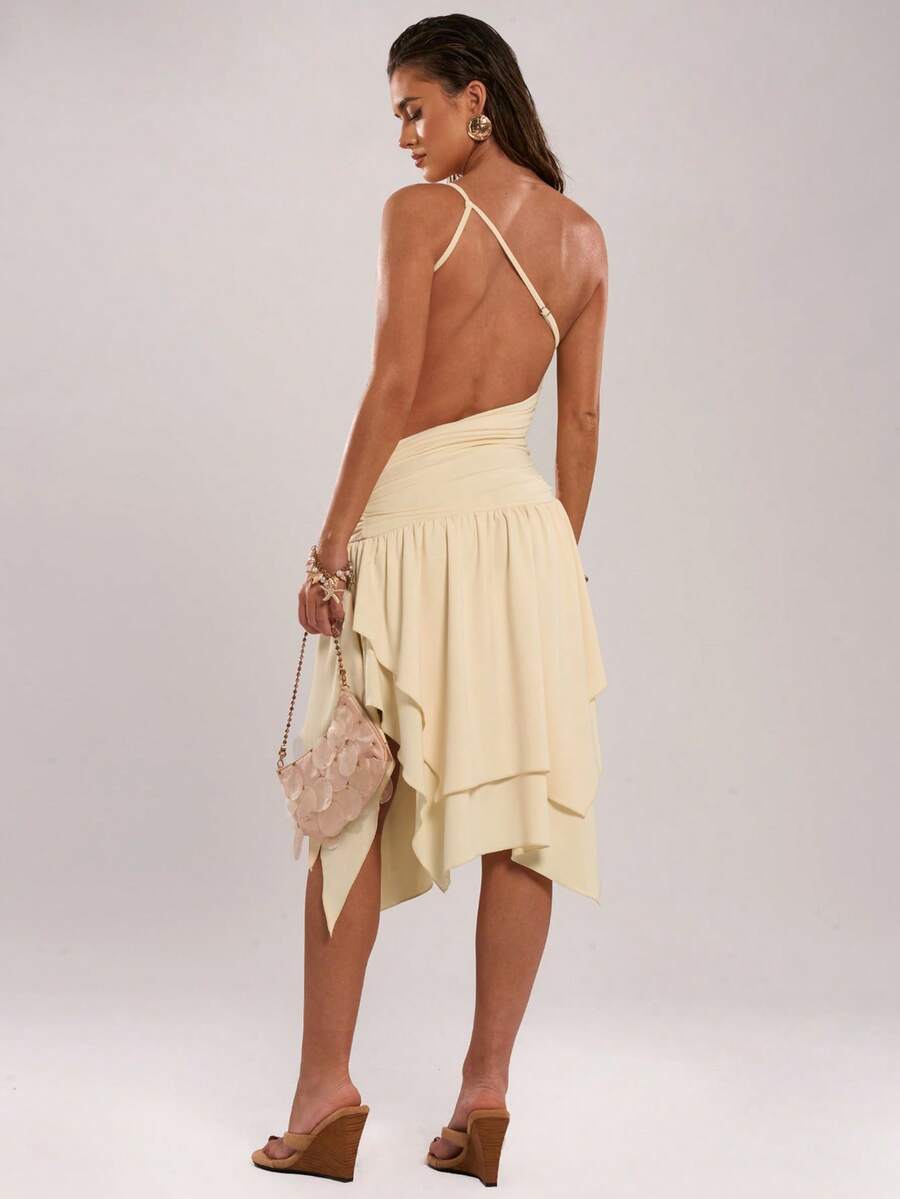 SHEIN BAE 女士纯色度假不对称露肩露背不对称下摆中长连衣裙，适合海滩度假、邮轮旅行，优雅性感纯色连衣裙，黄色连衣裙，鸡尾酒会礼服，正式舞会，派对 - 淡黃色 - 查看 1