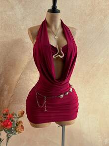 Soleia 女士纯色深V领无袖露背修身迷你连衣裙，夏季 - 紅色 - 查看 3