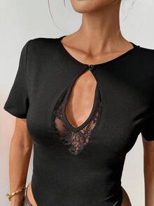 SHEIN Raffinéa 女士优雅性感撞色蕾丝镂空短袖连体衣 - 黑色 - 查看 5