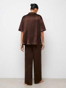 Maija Brown Satin Women's Suit Set, Short Sleeve, Textured, Loose, Casual, Urban - Brown - View 6