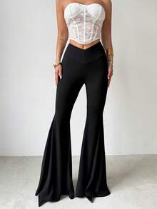 Firerie 女士新款简约优雅日常通勤休闲时尚百搭高腰修身喇叭裤，适合春、夏、秋、冬四季穿着，春夏款，机场、教师、办公室等场合皆宜，舒适保暖 - 黑色 - 查看 3