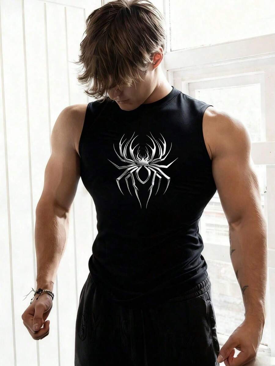 GymBeat Camiseta casual de cuello redondo con estampado de araña, versátil para uso diario y deportes - Negro - Ver 1