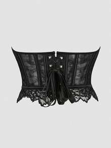 EgrlEra Áo corset ren tương phản có gọng, che phủ toàn diện, cúp ngực nâng đỡ bằng gọng (họa tiết hoa cắt ngẫu nhiên phần trên và dưới, 5 kiểu), nơ gợi cảm cho nữ, áo quây ren tương phản ôm sát màu đen, áo đơn giản cho nữ, mùa xuân/thu, trang phục thường ngày phong cách Y2K. - màu đen - Xem 2