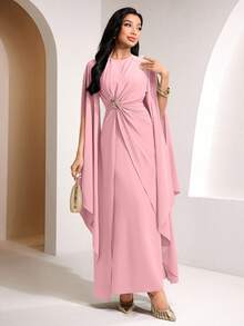 Veilorie Twist, Pleated Decor Button Waist Elegant Summer Dress - Pink - View 3