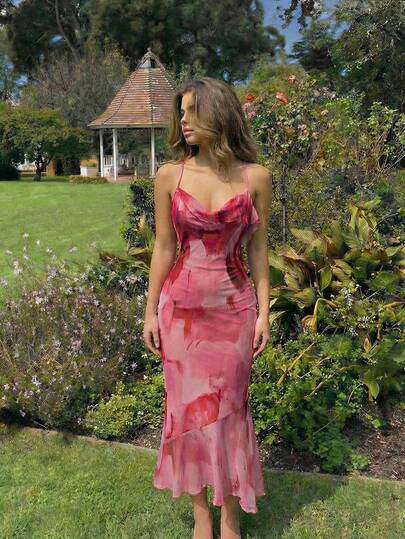 SHEIN MOD 女士渐变印花不对称领口交叉系带修身鱼尾吊带裙