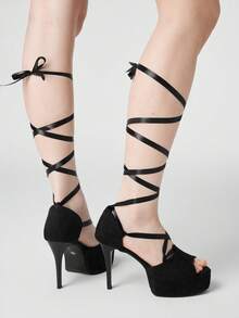 ROMWE Grunge Punk 女士高跟凉鞋 豹纹交叉绑带礼服鞋 防水餐桌礼服工作鞋 暗黑摇滚朋克哥特风鞋 细高跟派对鞋 女士高跟凉鞋 - 黑色布面 - 查看 2