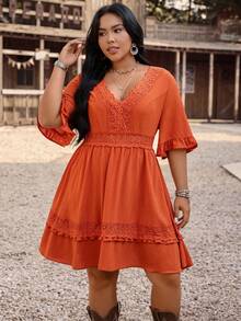 LanaWest CURVE Plus Size Women's Summer Lace Patchwork V-Neck Waist Ruffle Hem Short Dress, Suitable For Vacation, Music Festival, Western Boho Style - Orange - View 1