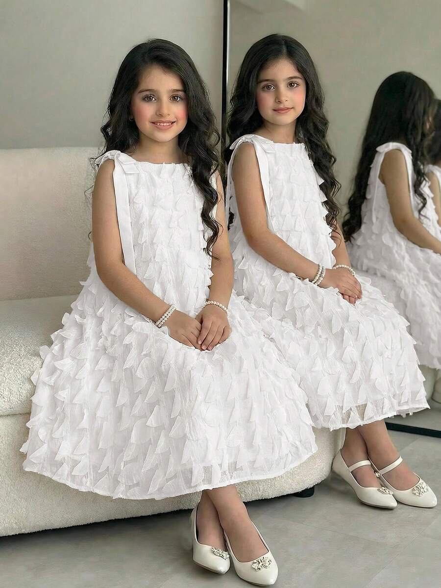 Vestido sin mangas ajustado con flores 3D tejidas para niña preadolescente - Blanco - Ver 1