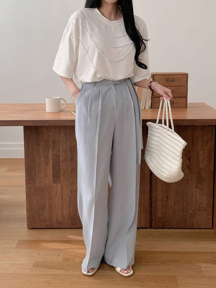 Women's Summer Round Neck Short Sleeve Pearl Decor Casual Elegant Cropped T-Shirt