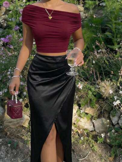 SHEIN MOD Women's Fashion Asymmetric Hem Satin Skirt,Satin Skirt,Slit Skirt,Elegant Skirt,Weddings & Events, Going Out,Party Outfits,Carnival Costume