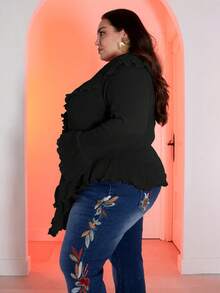 Pretty and Ole Plus Size Women Autumn/Winter Fashion Sexy & Sweet Ruffle Flare Sleeve Cardigan - Black - View 5