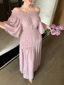 DAZY Women's Summer Off Shoulder Short Sleeve Waist Cinched Elegant Long Dress Sundress - Pink - View 3