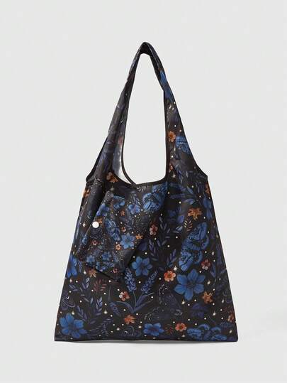 ROMWE Grunge Punk Black Background, Blue Purple Butterfly Flower Women's Tote Bag