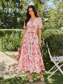 KARISMINA Women's Elegant V-Neck Floral Print Orange And White Maxi Dress,Summer Boho Garden Party Holiday Outfits,Cottagecore Wedding Guest Dress - Orange - View 4