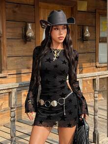 Muchica Black Flocked Mesh Women's Dress - Brown - View 5