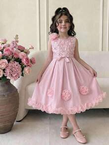 SHEIN Tween Girl Fashionable Elegant Sleeveless Round Neck Light Pink Dress, Summer Wedding Girls 3d Flowers Dress With Ruffles, Tween Girl Frocks - Pink - View 2