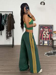 Muchica Women's Elastic Waist Side Stripe Wide Leg Loose Casual Sweatpants,Back To School - Green - View 6
