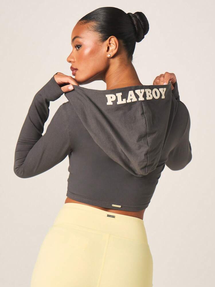 Missguided x Playboy Damen Kapuzen-Langarm Grafik Crop Top mit Logo Muster, Streetwear Lässig Pullover Hoodie für Herbst und Winter