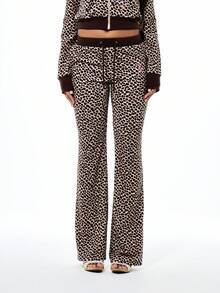 BABYPHAT Quần nỉ nhung in họa tiết báo đốm, cạp cao, ống rộng kiểu Palazzo, quần thường ngày có dây rút ở eo, họa tiết da báo màu nâu, thoải mái cho mùa thu đông. - màu nâu - Xem 2