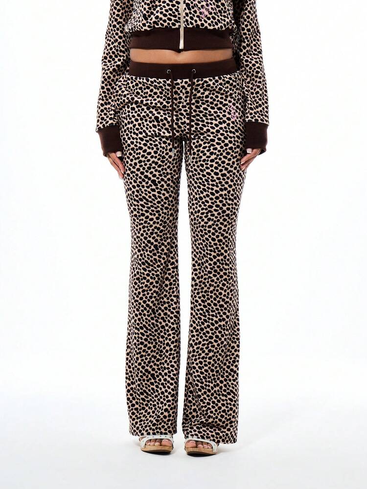 BABYPHAT Cheetah Print Velour Sweatpants High Rise Wide Leg Palazzo Style Casual Pants With Elastic Waist Drawstring Brown Animal Print Pattern Fall Winter Comfortable Lounge Wear