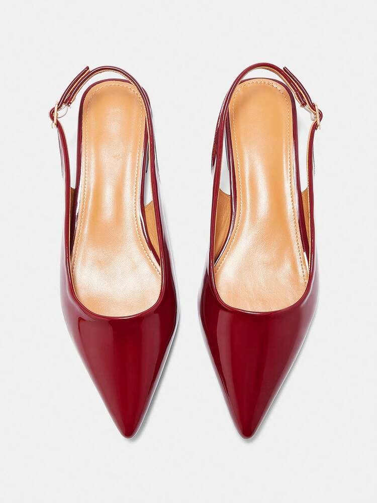 CUCCOO CURVES Women Shoes Wide Fit Fashion Pointed Thick Heel Burgundy Back Strap Slingback Women's Shoes Simple Classic Daily Comfort Fattened High Heel Women's Shoes Plus Size