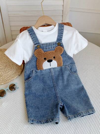 SHEIN Young Boy Casual Versatile Comfortable Denim Bib Shorts, Baggy Jeans, Jean Shorts, Cartoon Bear Pattern Bib Pants Versatile And Comfortable, Suitable For Spring, Summer And Autumn