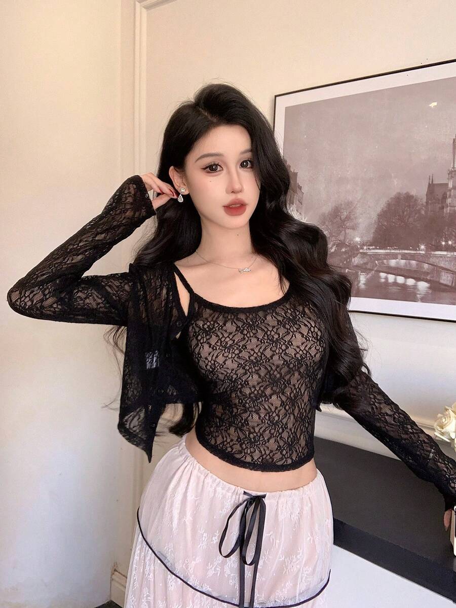 DAZY 春夏花卉镂空蕾丝系带开衫短款上衣,优雅适合情人节、婚礼、派对、正式场合,时尚修身透视网纱长袖开衫和吊带背心两件套,女士 - 黑色 - 查看 1