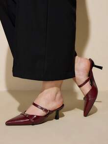 CUCCOO CURVES Women's Pointed Toe Buckle Design Everyday Versatile Fashion Wide Fit High Heels - Rose Red - View 5