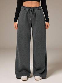 SHEIN Tall Pantalones de chándal con cintura elástica y pierna ancha, engrosados para otoño/invierno. Estilo casual, versátil y estilizador para primavera/verano - Gris Oscuro - Ver 1