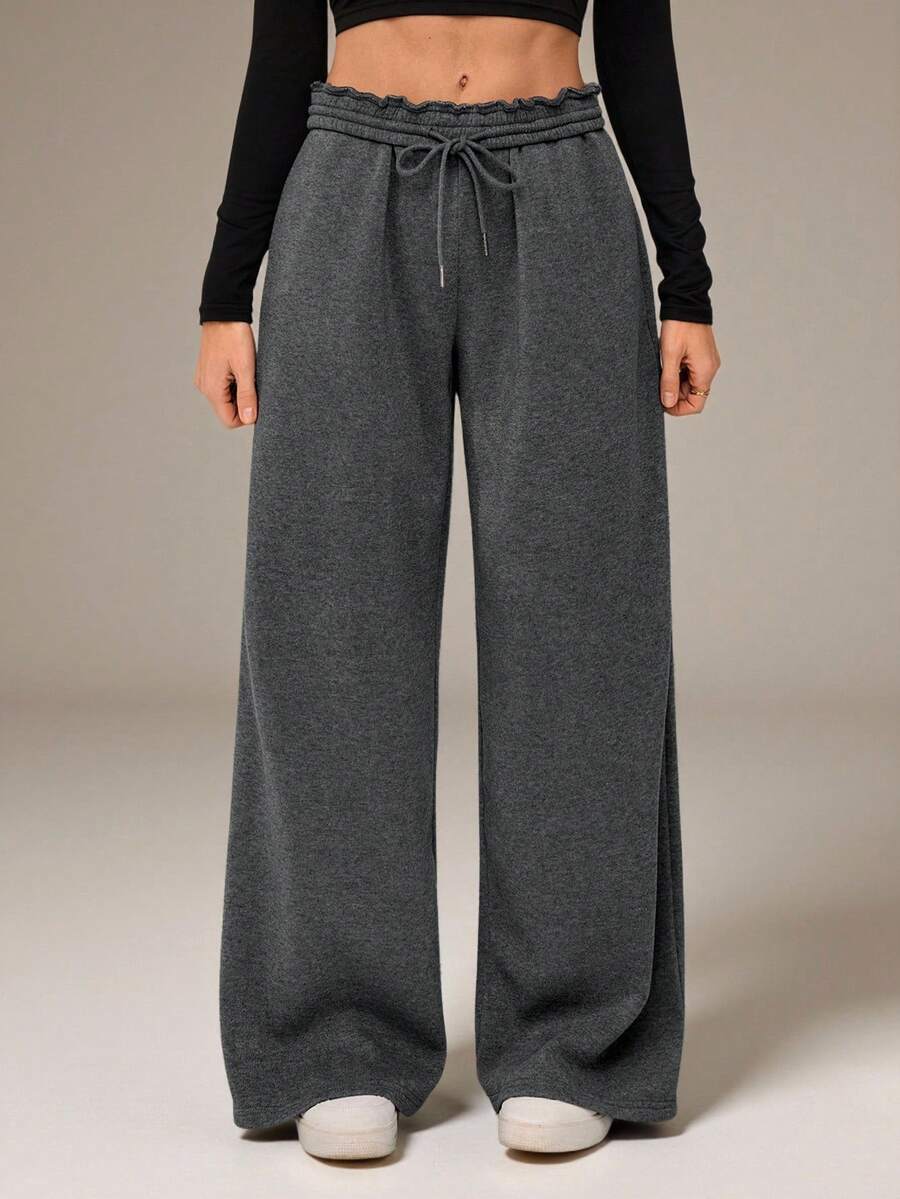 SHEIN Tall Pantalones de chándal con cintura elástica y pierna ancha, engrosados para otoño/invierno. Estilo casual, versátil y estilizador para primavera/verano - Gris Oscuro - Ver 1