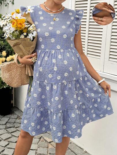 SHEIN 孕妇哺乳款格子碎花荷叶边连衣裙，适合夏季度假