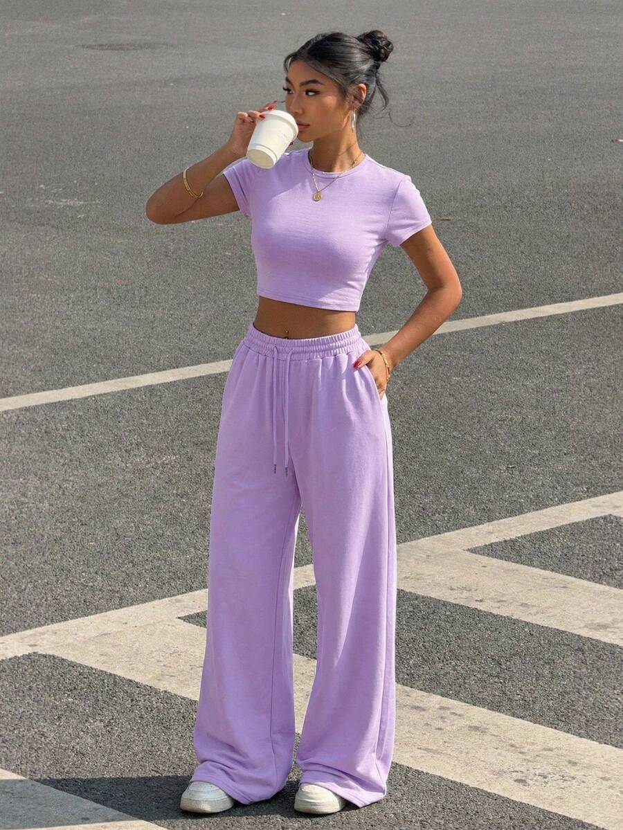SHEIN EZwear 2pcs Women Purple Round Neck Short Sleeve Top And Pants Set, Minimalist Style - Purple - View 1