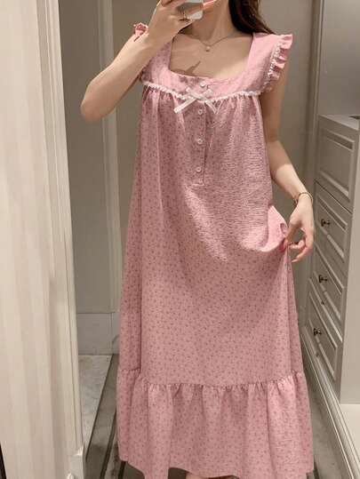 DAZY Sweet Floral Lace Patchwork Sleeveless Square Neck Loose Long Dress, Summer Casual Wear For Women