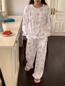 DAZY 可爱快乐小狗印花荷叶边女士睡衣套装 - 白色 - 查看 7