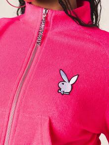 Missguided x Playboy 品牌亮粉色毛巾布拉链卫衣外套，袖口和下摆饰有条纹细节 - 粉色 - 查看 2