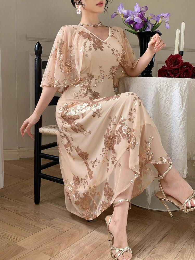 Women's Elegant Sequin Floral V-Neck Ruffle Hem Mid-Length Dress, Summer,Wedding Guest Dress Women Sundress