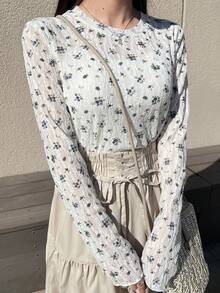 FRIFUL 女士圆领碎花修身长袖上衣 - 白色 - 查看 2