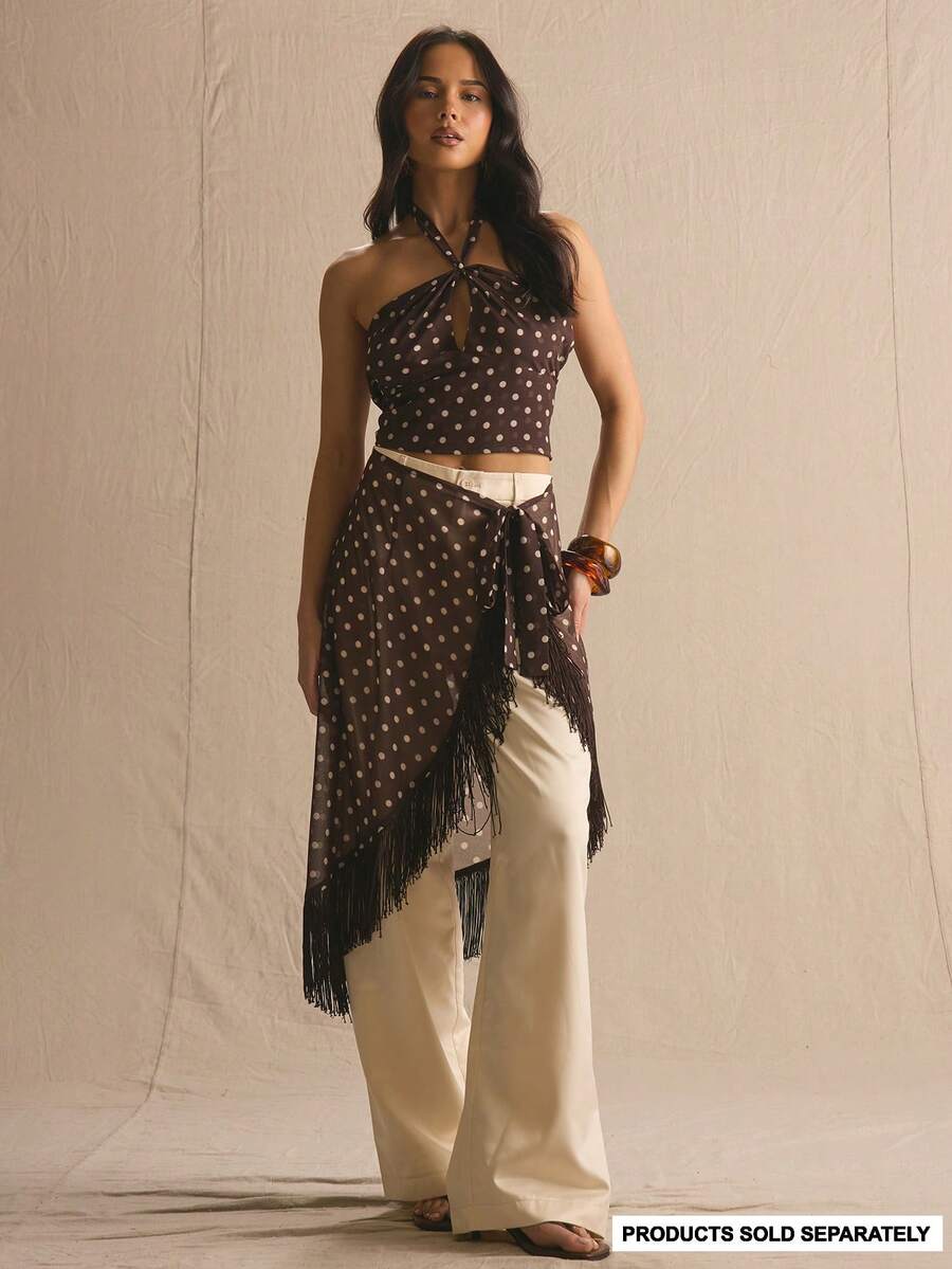 MUSERA Polka Dot Fringe Sarong Detail Co-Ord Linen Trousers Only Spring Summer Cosy Cute Daily Girly Vacation Spring Outfit Casual Casa De Muse Holiday - Multicolor - View 1