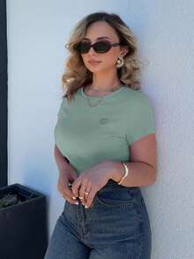 Jeta Ari Casual Loose Summer Solid Color Embroidered Heart Short Sleeve T-Shirt For Women - Mint Green - View 6