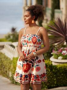 Travachic Plus SIWomen Vacation Spring Break Plus Floral Print Ruffle Hem Cami Flower Dress, Summer Dresses - Multicolor - View 5