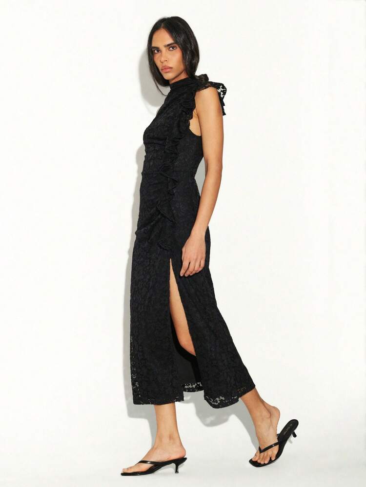 KSTM Elegant Black Lace Long Dress With Side Ruching And High Slit For Evening Special Occasions