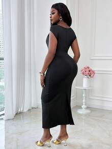 Xyvia Asymmetrical Neckline Waist Cinched Flared Elegant Romantic Dress For Women - Black - View 2