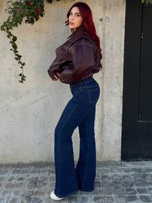 Bearsaez 女式冬季休闲保暖直筒牛仔裤 - 深色水洗藍 - 查看 3