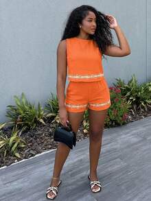 Alexandranx Women's Woven Leisure Vacation Summer Two Pieces Set - Orange - View 3