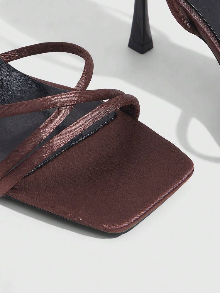 CUCCOO SZL Women Shoes New Sexy Thin Strap Square Toe Thin Heel Buckle 8.5cm Women's High Heel Sandals Brown Elegant Satin Women's Shoes Dating Versatile