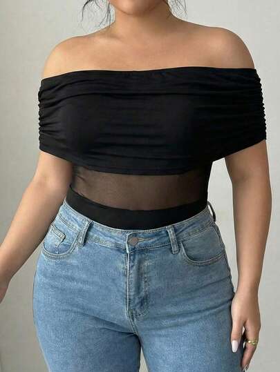 Elenzga Plus Size Women's Casual Elegant Commute Sexy Mesh Patchwork Off-Shoulder Bodysuit, Suitable For Spring/Summer Daily Wear, Dating