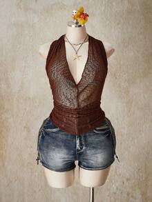 SHEIN ICON 大码 Y2K 棕色薄纱罩衫，百搭单品，海滩度假罩衫，休闲百搭 - 棕色 - 查看 10