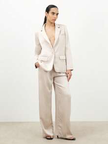 KSTM 女士缎面单排扣职业西装外套，翻领，长袖，商务正装，秋冬外套 - 卡其色 - 查看 3